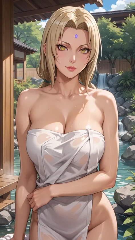 tsunade，from naruto，white towel around her body，warm spring，chirabi，