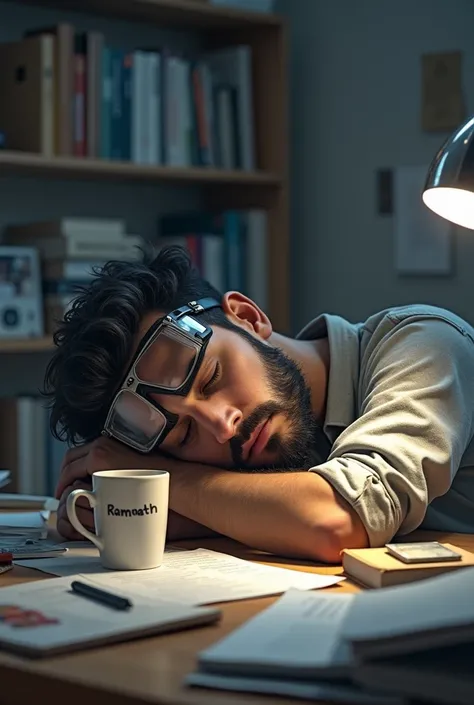  Yong man with small beard and goggles sleeping computer table
and study material 
with a coffee cup name Ramnath