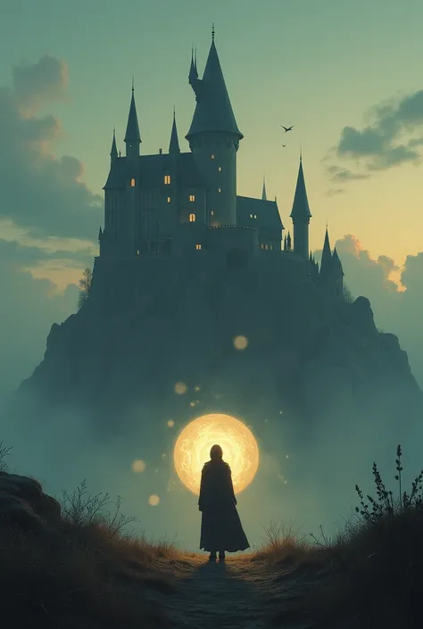 A person standing in front of a mystical castle at dusk, holding a glowing orb, with soft lighting and clouds in the sky