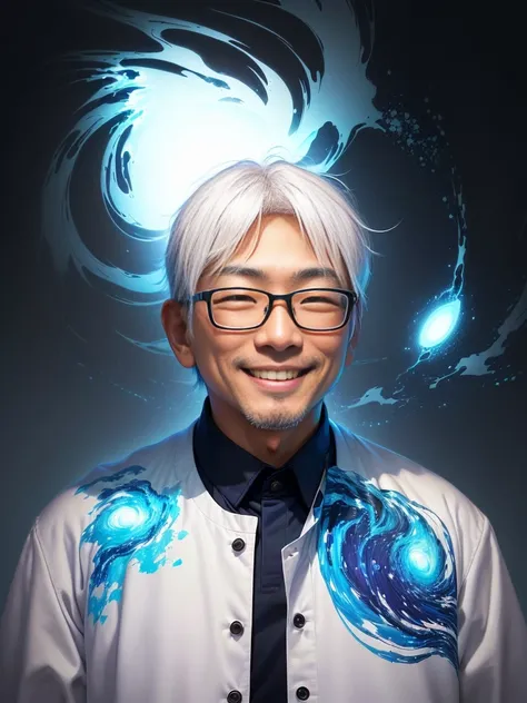 masterpiece, best quality, (extremely detailed CG unity 8k wallpaper), (best quality), (best illustration), realistic lighting, beautiful detailed glow, double eyelid, white hair, (smile:1.4), (white teeth), Asian man in a blue shirt and glasses standing i...