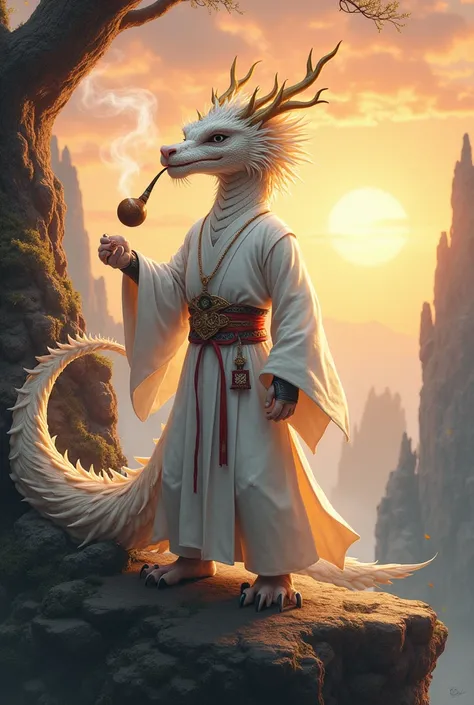 In the wilderness of another world，There is a tall Chinese dragon wearing white Chinese clothes and white trousers，Mild eyes, clear black eyes，The dragon has a big head with white bristles on the back.，Golden branched dragon horns，Standing on the top of th...