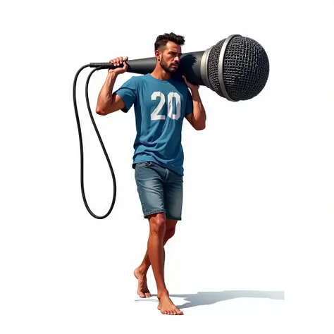 A vector illustration of an adult man carrying an enormous, detailed handheld microphone over his shoulder, inspired by a photograph. The microphone is massive, with intricate metal mesh detail on the head and a long cable wrapped around the boys body. wea...