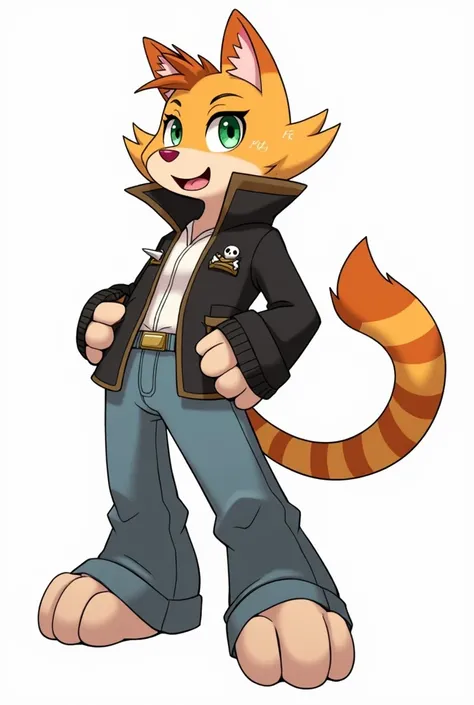 ((/Loree/, Jaeh, anthropomorphic domestic cat, orange body fur, orange body stripes, orange undercut pixie, green eyes with pupils, pink nose, short hair, jean pants, black jacket, spikey collar, white shirt under jacket, gothic make up, skull earings, pie...