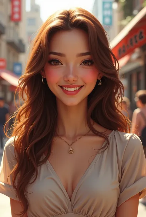 Realistic drawing of a very beautiful brunette woman very happy and smiling on the street in a realistic drawing with elegant discreet clothes