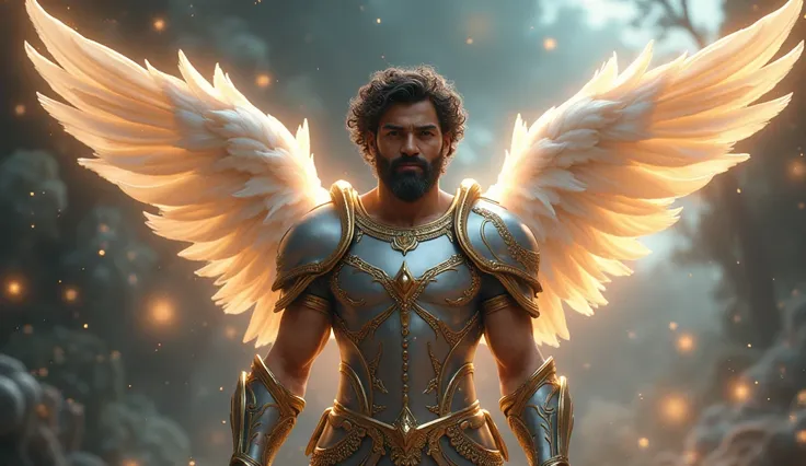 handsome dark male cherub angel with brown eyes facing forward with huge bright white wings looking forward, in the background in a galaxy, big wavy hair with big beard with silver and gold armor, ultra realistic, smiling