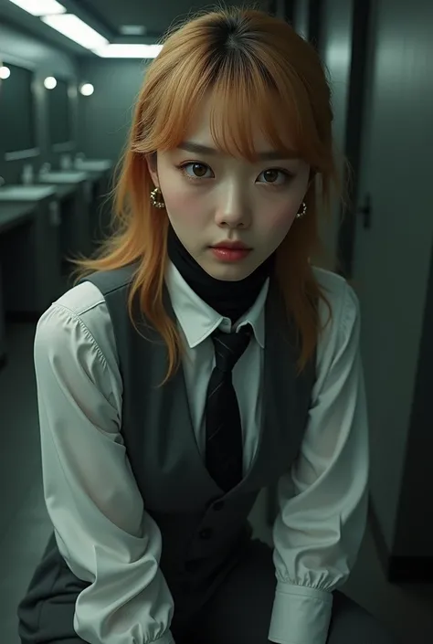 ((Photorealism)), ((Best quality)), ((cinematic)), ((high resolution)),(Detailed), accurate, beautiful young Korean woman, smiling, faint cheek blush, eyelashes, white skin, black eyeliner, ruby red glittery eyeshadow, hazel eyes with dark orange, semi sid...