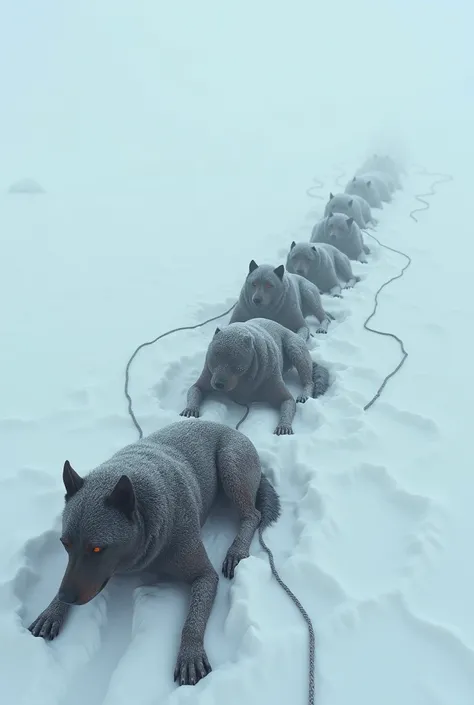 The lifeless bodies of seven sled dogs lying in the snow, still tethered to

their sleds. Their bodies are partially covered with a thin layer of snow, indicating

they have been there for some time. The sleds are positioned in a way that suggests

the dog...