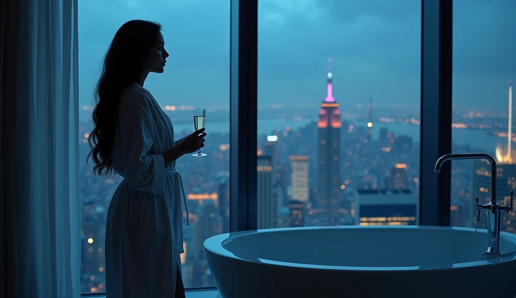 ((Best Quality)), ((masterpiece)), (detailed), One Girl, Long Hair, sexy,One Girl,I can only see your back、Wearing a white bathrobe, holding a champagne glass, View the night view from the large window、Night view from the bathroom、High-rise apartment build...