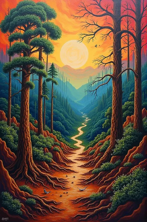 Painting of deforestation in the style of the painter Mamani Mamani 