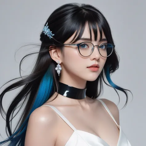 8k wallpaper, masterpiece, movie lighting, best quality, illustration, dramatic angle, ((color: 1.1)), ((color inner hair: 1.4)), 1girl, solo, long hair, water, blue eyes, black glasses, choker, parted lips, white choker, liquid hair, black hair, bangs, fr...