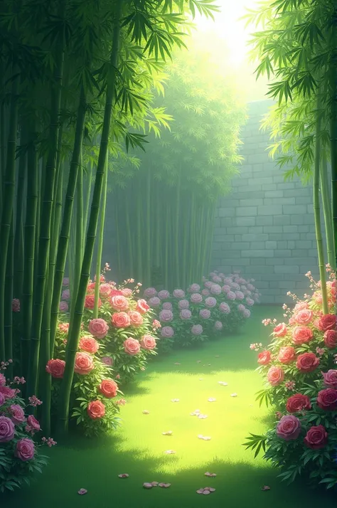 A peaceful garden with some tall bamboos and roses side by side 