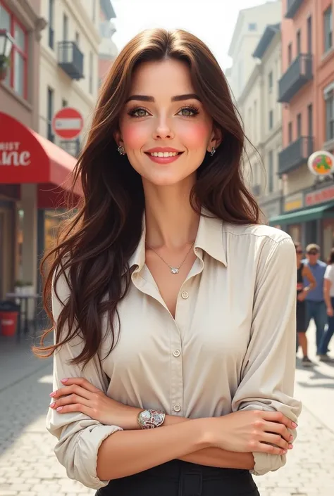 Realistic drawing of a very beautiful brunette woman, very happy and smiling on the street in a realistic drawing with elegant, discreet clothing without a neckline, a blouse buttoned up to the top of the front