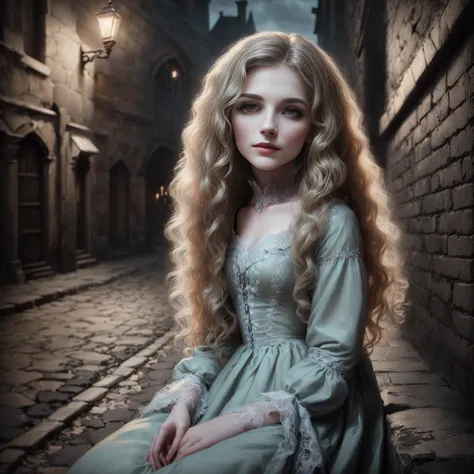 Sandra Everleigh is sitting on a stone wall in a dark alley within a modern city, dimly lit by distant street lamps. She is a vampire child with a Victorian appearance, her long, curly blonde hair framing her face. Her pale skin has a slight hint of color,...