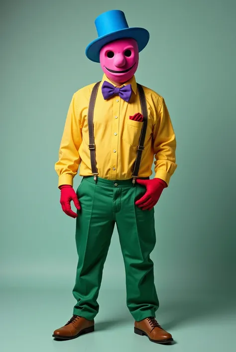 A man whose hat is blue, his shirt is yellow, his pants are green, his shoes are brown, his bow tie is purple, his mask is pink, his gloves are red