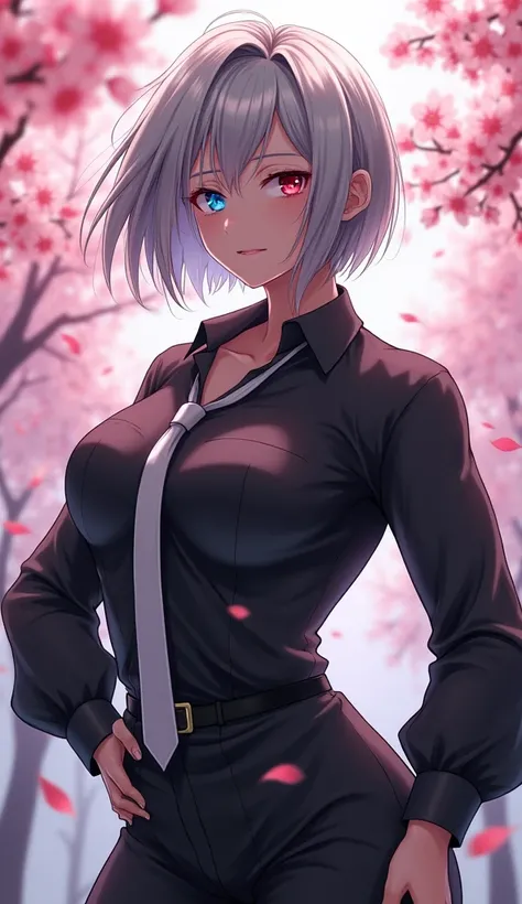 woman。Muscle White。Gray Hair。Bob。Odd Eye。Right eye is red。Left eye is blue。Black long shirt。White tie。whole body。cherry blossoms。Anime Style。High resolution, 