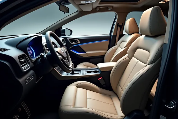 Dark Beige car interior, with leather seats and blue led lights Create a detailed, luxurious interior image of a small hybrid SUV with a design blend of Isuzu Mu, Trooper, and Vehicross influences. The image should showcase both the front console and seati...