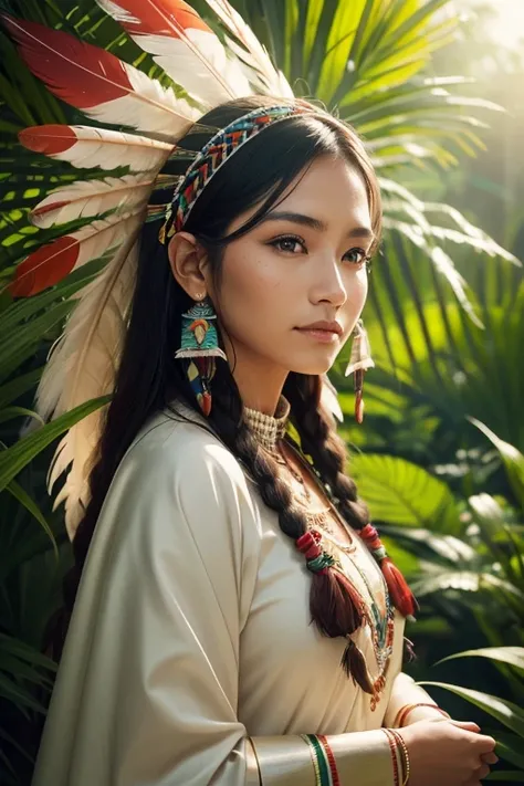 Very beautiful native american woman, traditional cloths, Sharp focus, hyper realistic, evening sunshine, jungle, close-up, feathers on head, slight smile, silk, satin,