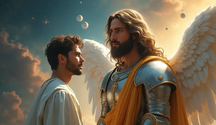 jesus christ with adult cherub angel next to handsome male brunette with brown eyes facing forward with huge bright white wings looking forward, in the background in a galaxy, big wavy hair with big beard with silver and gold armor, ultra realistic, smilin...