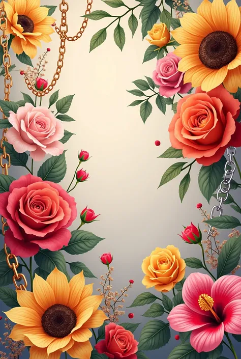 A floral illustration with vibrant colors and intertwining chains can include flowers such as roses, sunflowers and hibiscus in shades of pink, orange, yellow and red. Gold and silver chains may be intertwined among the flowers, creating a harmonious contr...