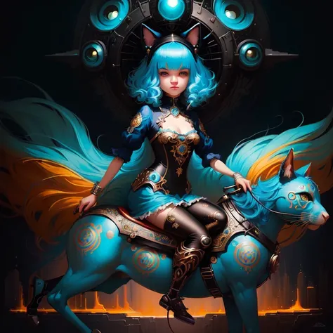 a painting of a girl riding on a cat with a blue wig, beeple and jeremiah ketner, esao andrews : : ornate, surreal and fantasy art, fantasy dark art, dark surreal art, style of esao andrews, andrews esao artstyle, pop surrealism art style, in style of dark...