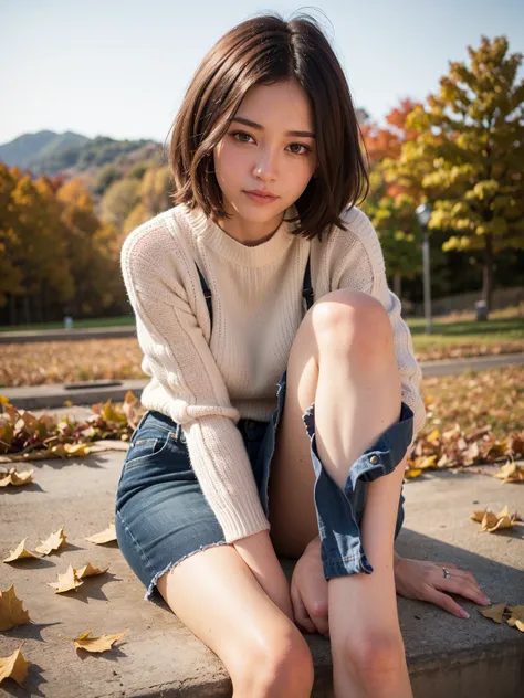 Top quality, one full-body image of a captivating, boyish woman with short, slicked-back hair, now dyed in a rich, deep auburn color that perfectly complements the autumn season. She is dressed in a casual yet stylish autumn ensemble—a cozy, light-colored ...