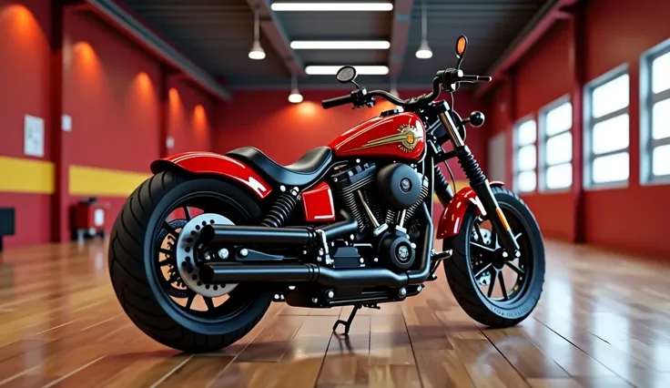 A very large empty shop or garage, no open doors and no windows, with red walls, yellow accents, and wood flooring. Even lighting through the toom, completely lit up, and a red harley davidson custom dyna motorcycle with gold pen stripe and black wheels an...