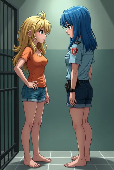 A young and arrogant female prisoner was arrested by a blue-haired policewoman wearing shorts and bare feet without shoes.，The blonde female prisoner is distressed, The blonde one is the female prisoner，The one with blue hair is the policewoman