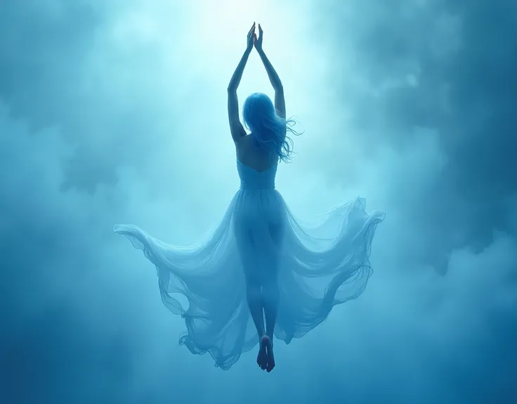 A serene figure floats gracefully in mid-air, her flowing gown now tinted in soft, ethereal shades of blue. The fabric ripples around her as if caught in a gentle breeze, while a subtle mist swirls at her feet, adding a layer of mystery to the scene. Her h...