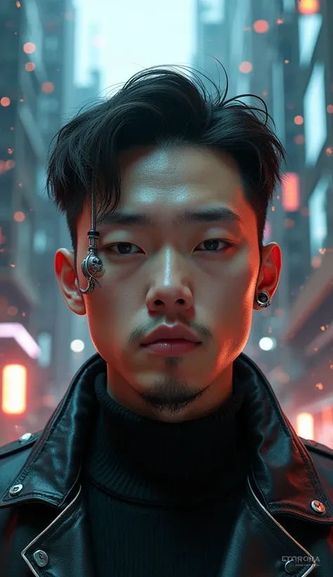 a Asian man, slightly chubby, cyberpunk features, cyberpunk environment, focus on face, front view, ultra-realistic, intricate details, cinematic lighting, dramatic shadows, neon city, futuristic architecture, advanced technology, digital art, hyper-detail...