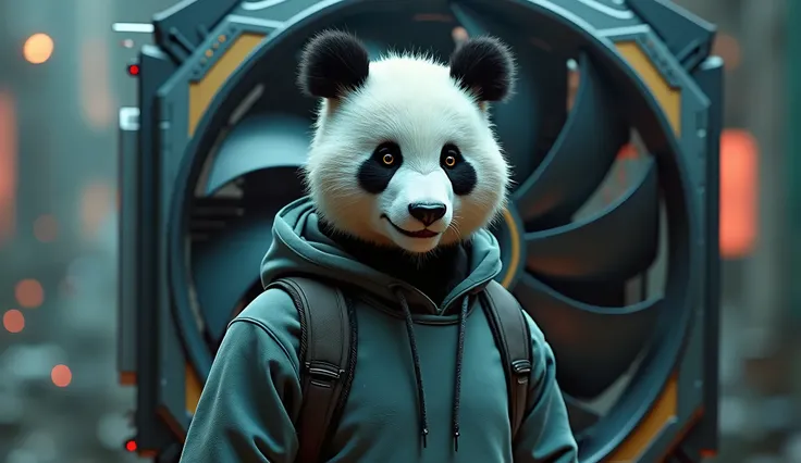 Cyberpunk，The camera focuses on the panda man wearing a sweatshirt，The rear shows a huge graphics card fan，Panda man in hoodie standing in front of fan，A satisfied smile appeared on his face。