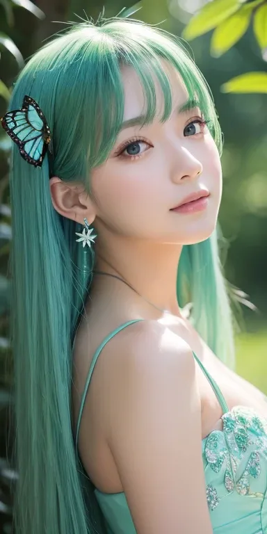 landscape、gem、green、butterfly、Sparkling、beautiful、Sparklingエフェクト, Simple Background, 、One girl, Long Hair, High resolution, greenい目, green髪/Light blue hair, とてもLong Hair, Earrings, Sparklingエフェクト, butterflyのヘアアクセサリー, 