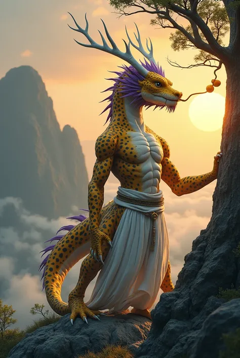 In the wilderness of another world，There is a Chinese dragon wearing a white Chinese costume and white trousers. He is tall, has strong chest muscles and no hair on his abdominal muscles.，The body and arms have a leopard pattern with yellow background and ...