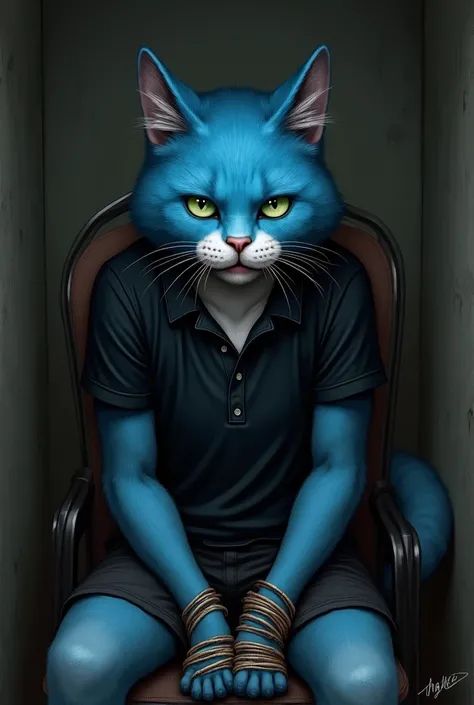 a blue cat character, with the mouth to the white belly, green-eyed, anthropomorphic, wearing a black polo shirt, with short sleeves and an open collar, also wearing black shorts, wounded and dirty, he is trapped in a dark room, sitting on a chair and tied...