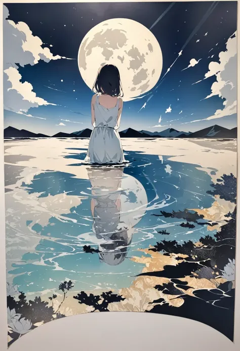 art using the techniques of collage and stencil painting, a huge full moon, and the moon reflected on the water surface