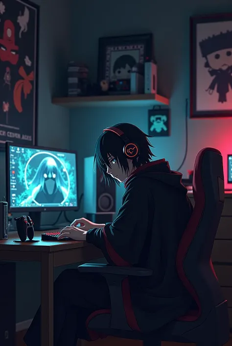 ITACHI CHARACTER SITTING ON A GAMING ROOM WITH HEADPHONES 