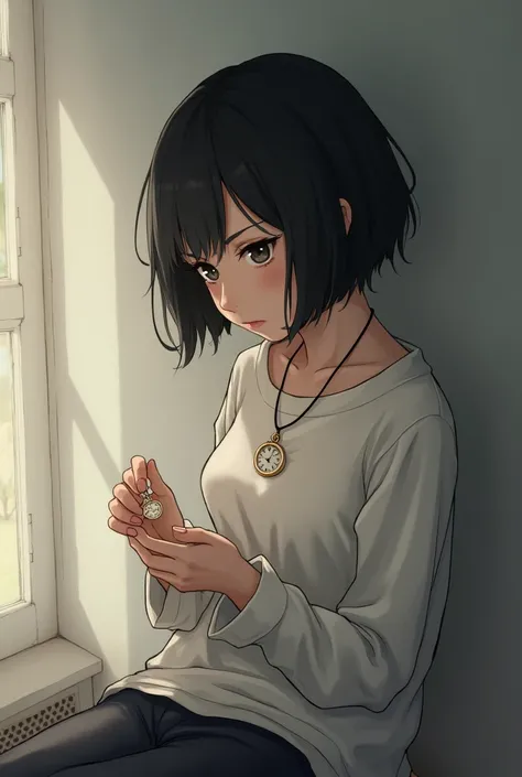 girl staring at a necklace with clock while sitting short black hair