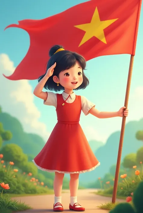 Create a photo of a cute girl saluting the Vietnamese flag