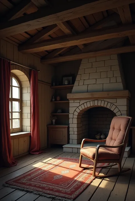 Medieval Europe。Interior of an uninhabited wooden cottage。
Rocking Chair。carpet。Empty Fireplace。