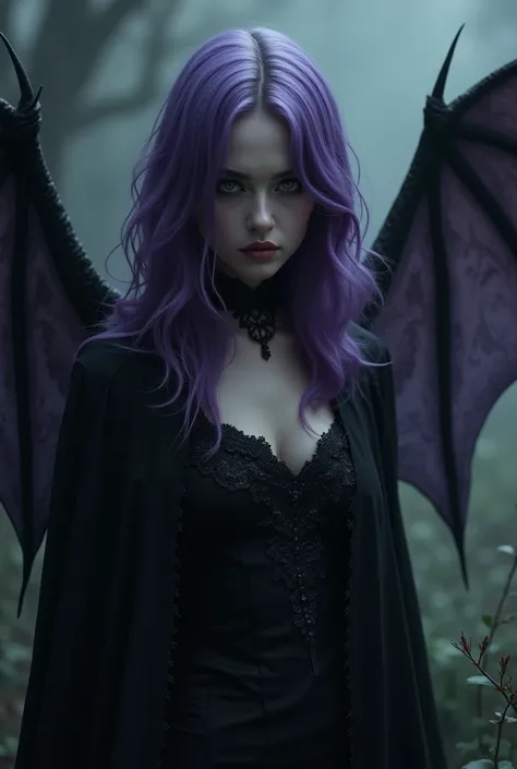 A gothic vampire girl with lustrous purple hair, bat-like wings, piercing gaze, delicate features, pale skin, dramatic makeup, flowing cloak, dark mysterious atmosphere, dark fantasy art, cinematic lighting, richly detailed, highly realistic, digital paint...