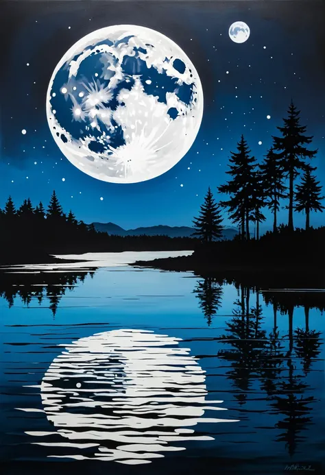 Art using the techniques of collage and stencil painting, a huge full moon, and the moon reflected on the water surface