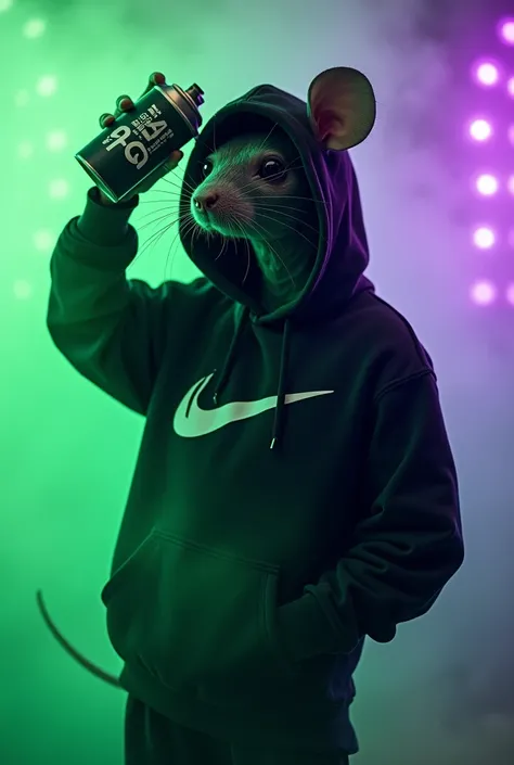 Alien mouse shh silence with hoodie all black with nike brand, holding spray can with number 2448, neon ultra violet screen background, luzes leds, fog. lime green smoke, special effects, quality 8k, drone sky 