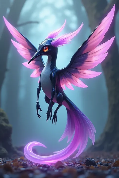 an art with the pokémon theme of a hummingbird with the fairy and ghost types without its wings with a tail whose end is transparent with purple details , black and pink make bigger wings with your hands(patas) on the floor


