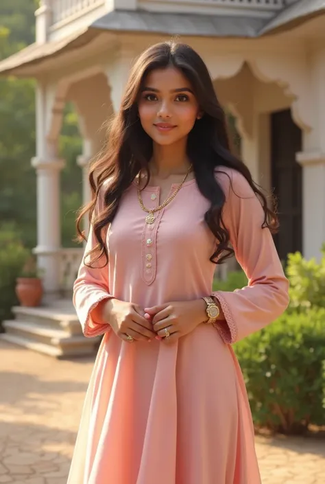 A picture of a teenager girl, 5.5 feet, not thin not chubby, medium sized brest with curves on her hips , small waist, posing near a beautiful vintage house in a bright sunny day, girl is having oval shaped face, round tip nose, nude light brownish pink he...