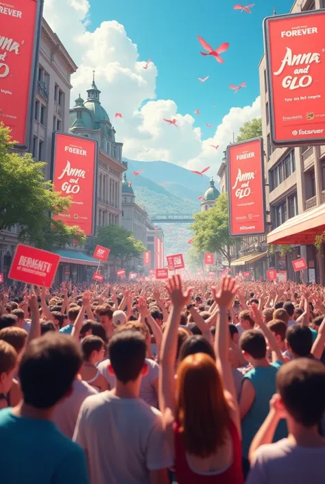 Des Panneaux Publicitaires affichant "Anna Et Glo vous êtes les meilleurs couple" avec une foule des gens remplie des joie tenants des pancartes écrits "Forever ANNE ET GLO" dans une tres belle ville et jolie paysage 