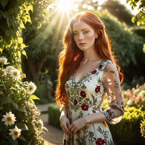 a beautiful young woman with long red hair, thoughtful expression, elegant dress, sunlight, outdoor garden, intricate floral patterns, soft natural lighting, pastoral landscape, cinematic composition