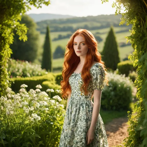 a beautiful young woman with long red hair, thoughtful expression, elegant dress, sunlight, outdoor garden, intricate floral patterns, soft natural lighting, pastoral landscape, cinematic composition