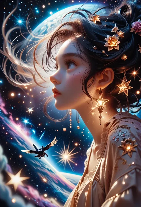 high detail, super details, ultra high resolution, girl enjoying time in dream galaxy, surrounded by stars, a warm light illumin...