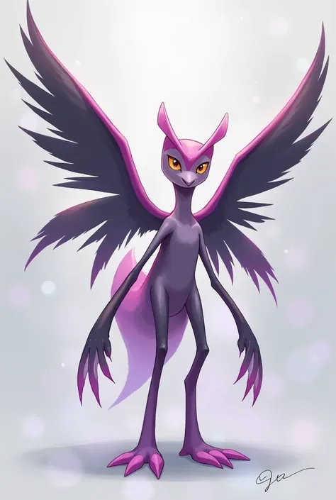 an art with the pokémon theme of a hummingbird with the fairy and ghost types without its wings with a tail whose end is transparent with purple details , black and pink make bigger wings with your hands(patas) on the ground now make it big with bigger paw...