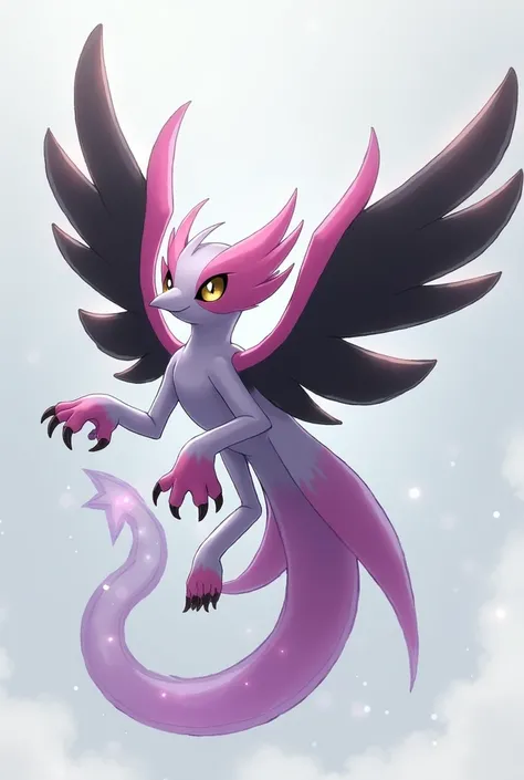 an art with the pokémon theme of a hummingbird with the fairy and ghost types without its wings with a tail whose end is transparent with purple details , black and pink make bigger wings with your hands(patas) on the ground now make it big with bigger paw...