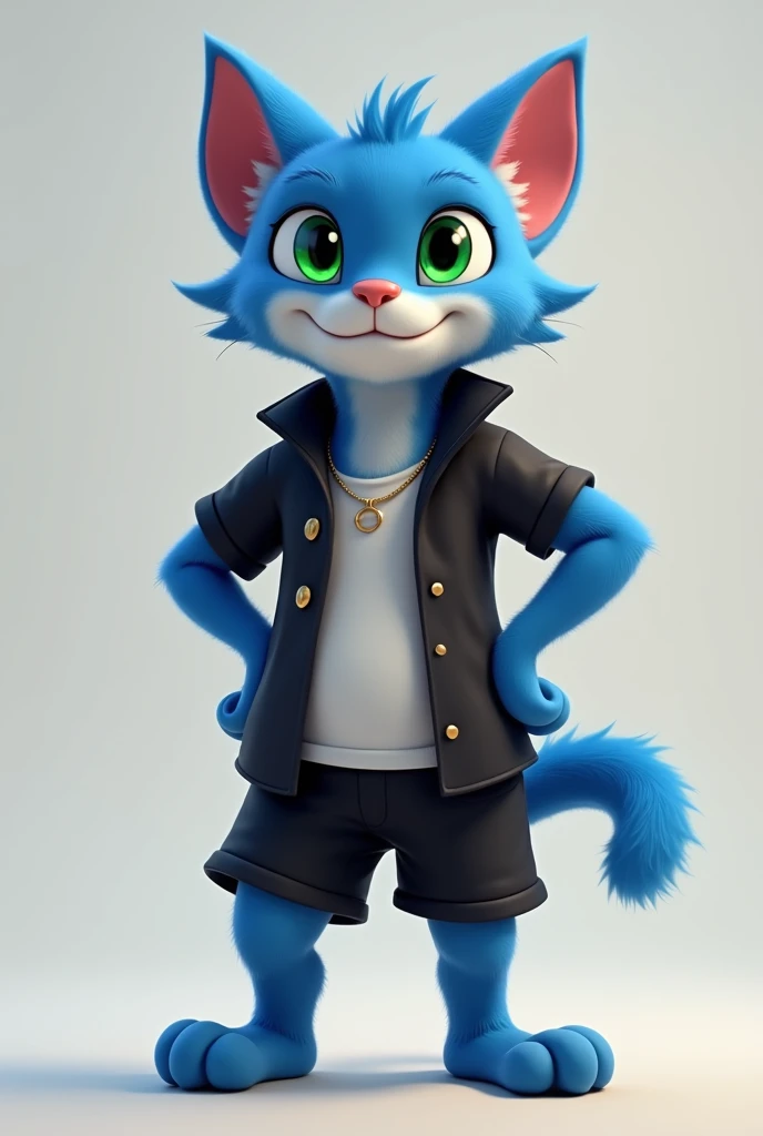 a blue cat character, with the mouth to the white belly, green-eyed, anthropomorphic, wearing a black polo shirt, with short sleeves and an open collar, also wearing black shorts